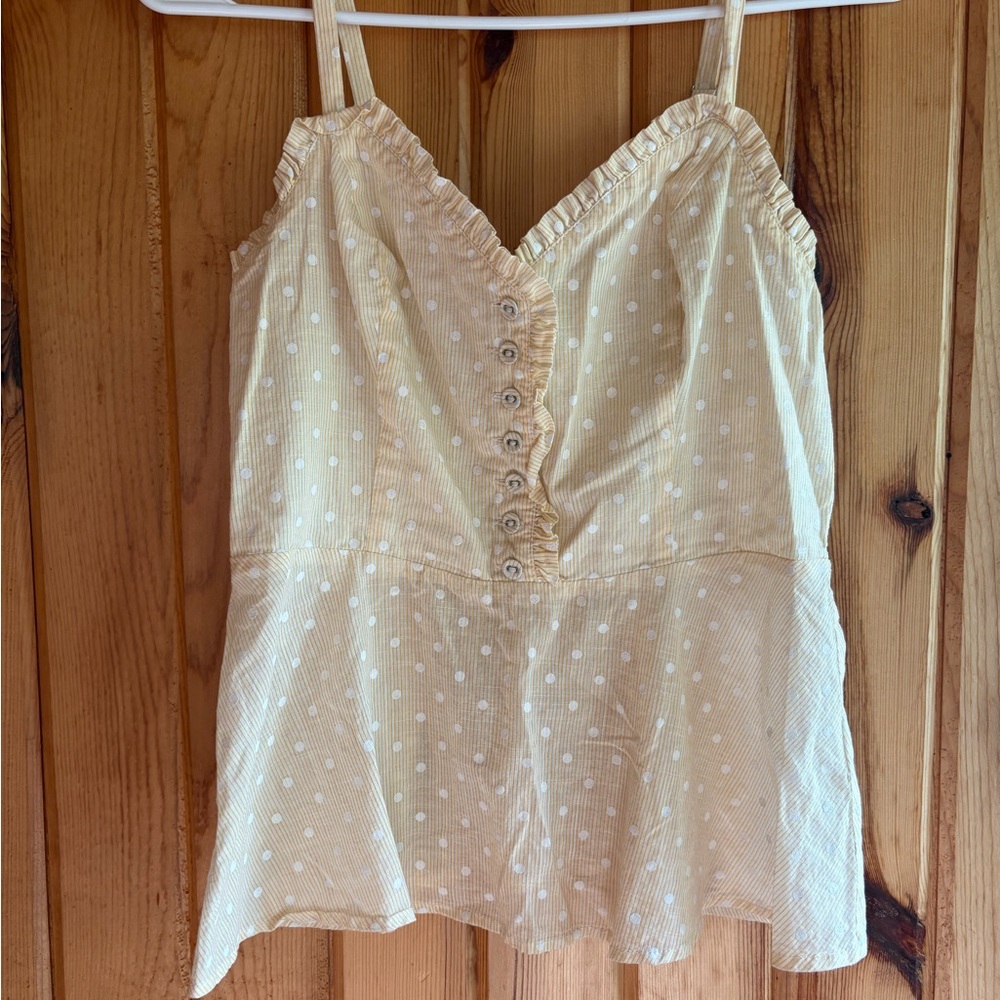 Modcloth Cream and Mustard Striped Babydoll top with Polka Dots
